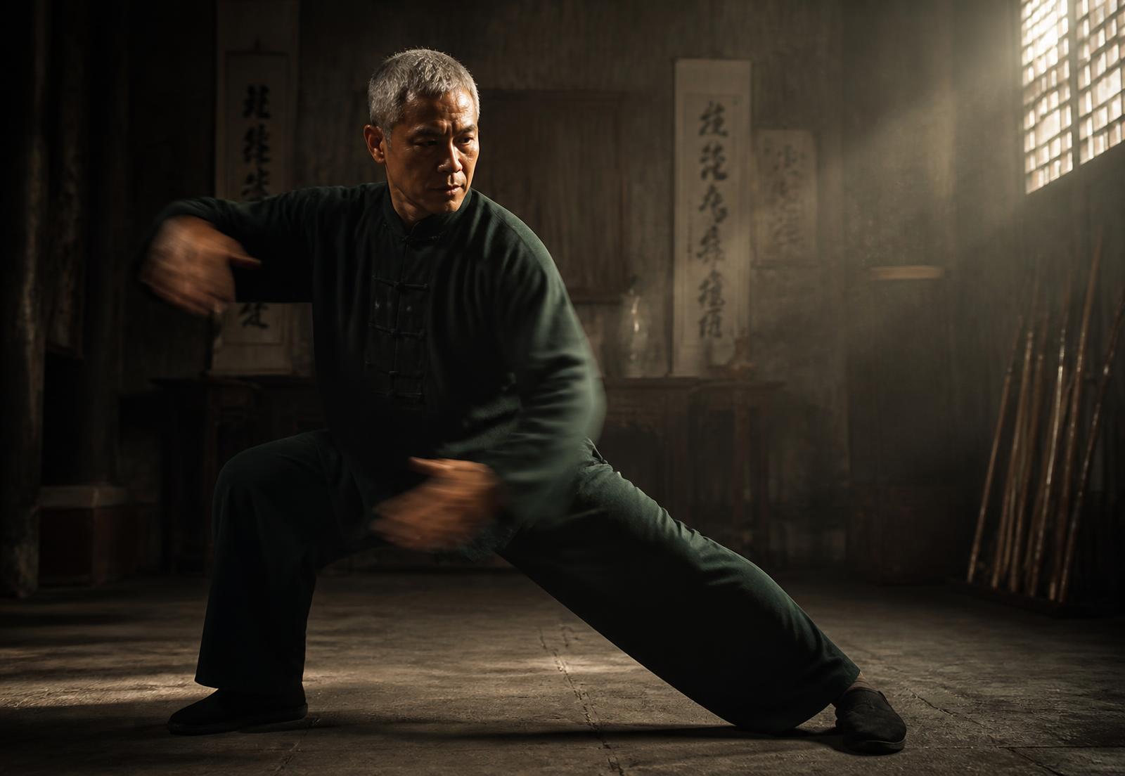Fernando practicando Kung Fu en una postura baja dentro de una sala tradicional